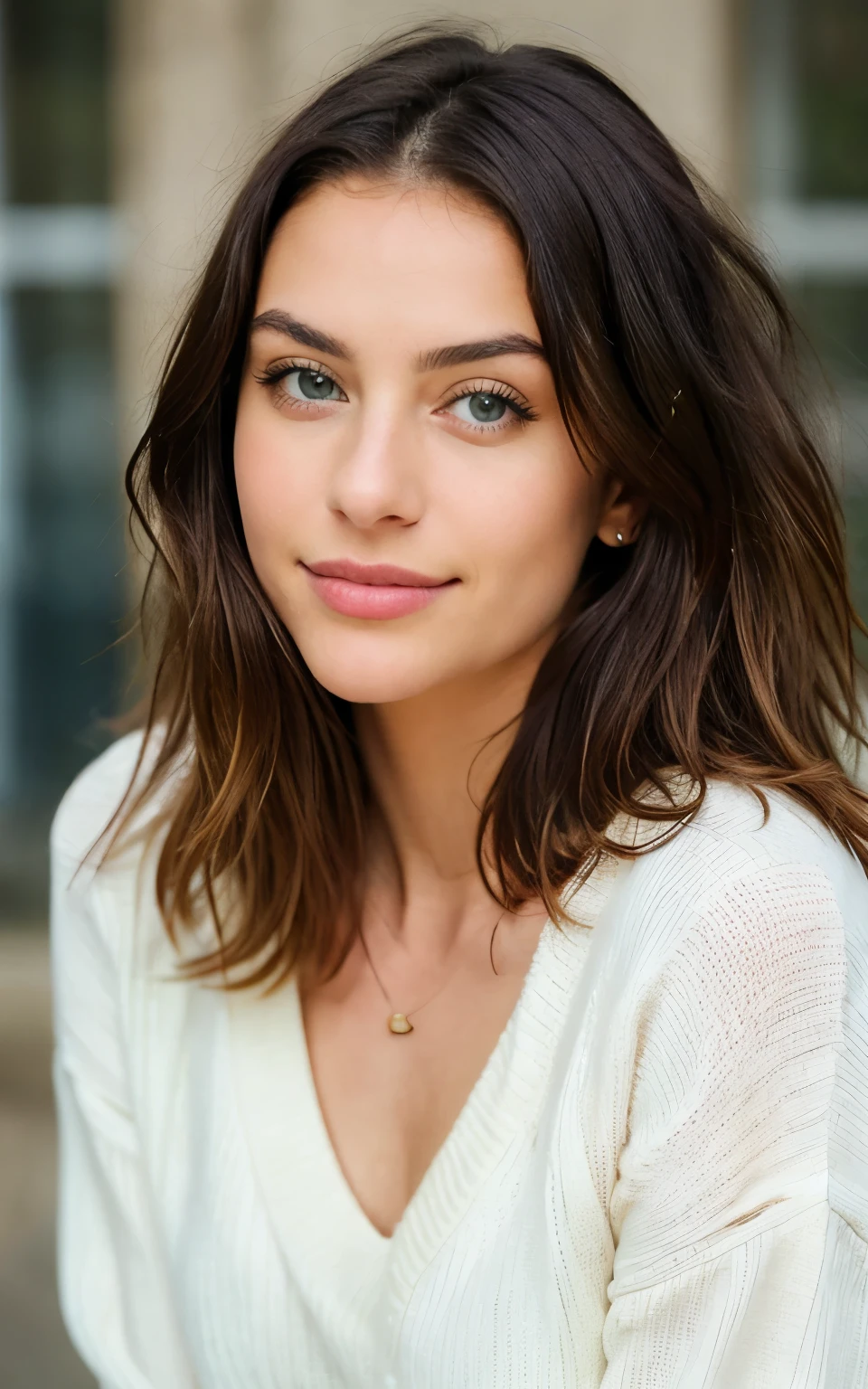 Pretty beautiful brunette with a yellow sweater , Visage innocent, naturally wavy hair, fine blue eyes, high resolution, masterpiece, best quality, complicated details, very detailed, sharpness, detailed skin, realistice Haut texture , texture, detailed eyes, Professionnel, 4K, charming smile, prise avec Canon, 85 millimeters, Slight depth of field, Kodak Vision Color, corps parfaitement ajusté, extremely detailed, Photo_\(ultra\), fotorealistic, realistic, post-traitement, maximum details, roughness, real life