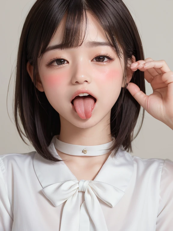 (masterpiece:1.3)、Very nice finish、(High resolution、8k:1.3)、(Highest quality、Ultra-realistic as a photo:1.5)、Sharp focus, 超High resolutionの顔、Eyes are symmetrical:1.3、High quality and beautiful skin、Firm Skin、Image of one girl, ((11 years old))、((White tight business blouse with collar))、(White bow tie blouse)),(very cute、Amazing beautiful girl)、Natural Makeup, Glossy Lips、Wet eyes:1.3,, Embarrassing:1.3、(Bobcut),(Sticking out tongue:1.5),(Upper body shot:1.7),(Please open your mouth wide:1.5)、(Wrinkles between the eyebrows:1.4)、(Scared expression:1.8)、(Please close your eyes completely:1.8),(single eyelid:1.5),(Blushing:1.5),(Let your bangs hang down:1.7)、Low contrast lighting、(The top of your head fits in the frame:1.4)