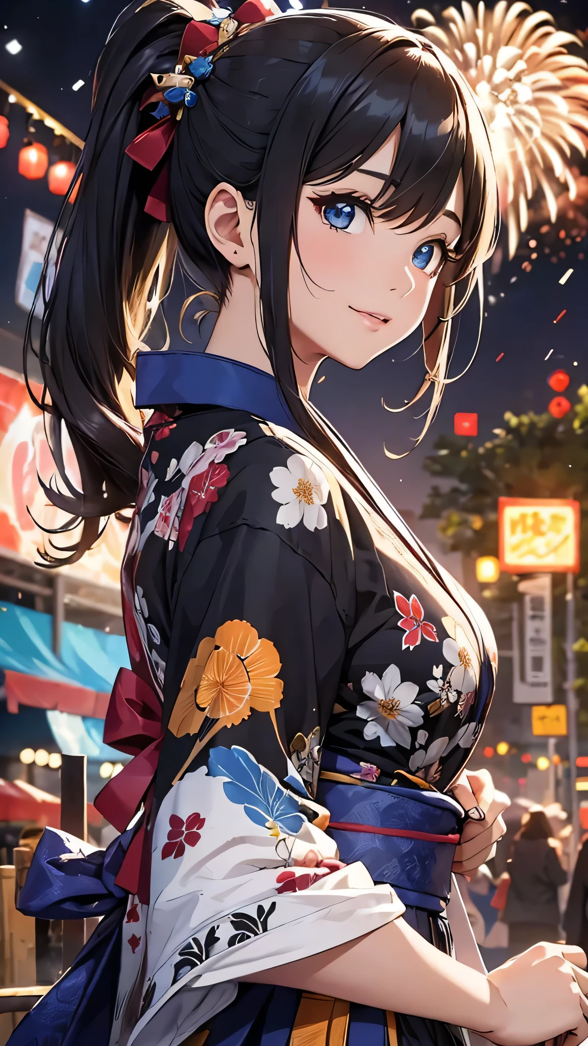最high quality、Best image quality、masterpiece、With a girl((cute、20-year-old、Best Bust、Medium Bust、Beautiful Blue Eyes、Spread your chest wide,Black Hair、ponytail、Disheveled Hair、thin、Highest Valley、Red yukata、smile、Beer を持つ、Drunk)）high quality、Beautiful art、background((night、festival、stall、Fireworks、Beer )),Tabletop、Exquisite design、Visual Arts、Written boundary depth、Best lighting、Highest detail、8ｋ