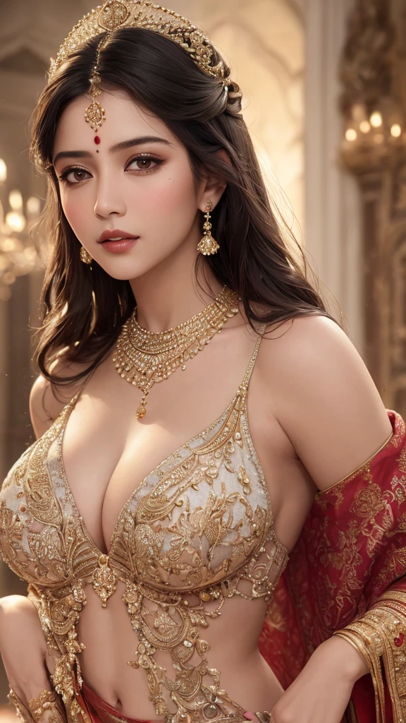 (best quality,highres,realistic:1.37)india's most beautiful lady,digital art wonders,princesscore,realistic historical fiction,charming detailed eyes and lips,fierce expression,historical attire,richly embroidered clothing,gold jewelry,dark wavy hair cascading down her back,flowing colorful silk saree,ornate palace in the background,historical architecture,detailed hand gestures,light amber candlelight,soft shadows and highlights,delicate facial features,meticulous attention to detail,subtle nuances of emotion,depth and richness in colors,expressive eyes that convey a sense of longing and strength,royal elegance and regal pose,graceful and confident stance,traditional henna patterns on her hands and feet,dusky complexion that glows in the warm light,realism with a touch of fantasy,impressive artistry,digital brushstrokes,soft and dreamlike ambiance,ethereal beauty,rich cultural heritage,indian art and folklore blended with contemporary digital techniques,masterpiece painting,pristine skin complexion,gorgeous traditional makeup,ornamental hair accessories,vibrant colors with a touch of darkness,dark white and light amber color palette,evocative and captivating art that tells a story,attention to historical accuracy while adding a touch of imagination,detailed background with architectural elements and intricate designs,deep emotional connection with the viewer.,huge gigantic breasts,curvy body, cleavage ,oily body,big ass,full body covered with jewellery,navel jewellery,thigh jewellery,anklet,long necklaces,heavy necklace,