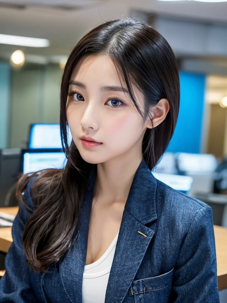 In anime style A South Korean half Chinese woman in her 28s. Her hair is long in a black - blue color. Her face is oval and marked by her large brown eyes, which carry a cold, unexpressive face. Her skin is radiant and clear, presenting an impeccable state of health and her curved lips. Her body athletic and defined, with the most charming. She stands in her office at night with her back to the glassware, wearing a blazer black with top  and jeans 