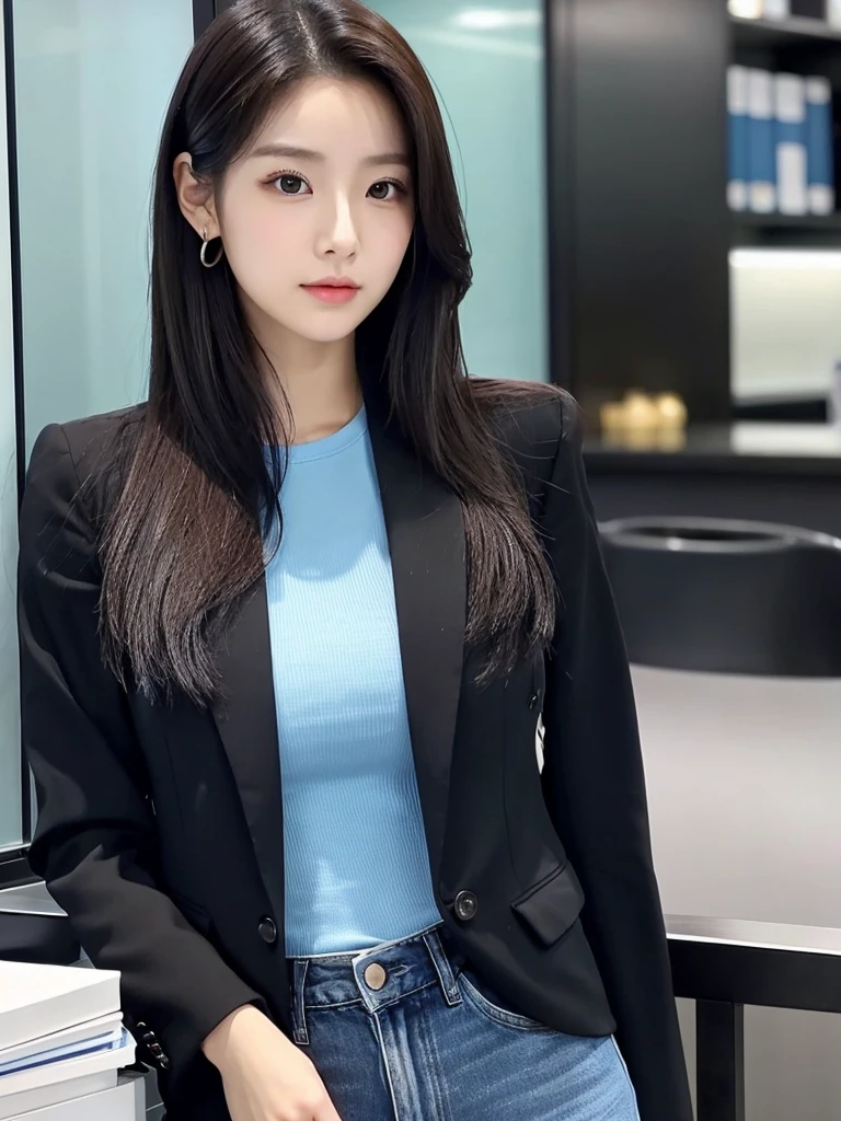 In anime style A South Korean half Chinese woman in her 28s. Her hair is long in a black - blue color. Her face is oval and marked by her large brown eyes, which carry a cold, unexpressive face. Her skin is radiant and clear, presenting an impeccable state of health and her curved lips. Her body athletic and defined, with the most charming. She stands in her office at night with her back to the glassware, wearing a blazer black with top  and jeans 