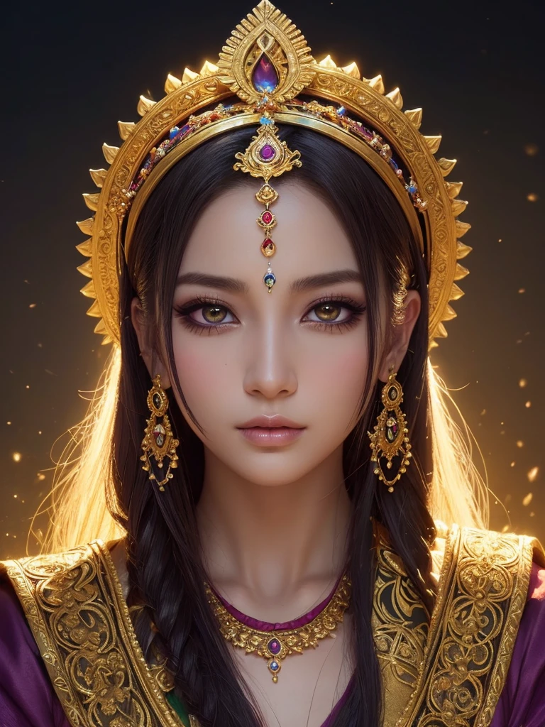 a detailed portrait of Minea the fortune teller from Dragon Quest IV, JRPG, 1 japanese woman, beautiful detailed eyes, beautiful detailed lips, extremely detailed face and skin, long eyelashes, beautiful intricate headdress, opulent arabian outfit, ornate golden jewelry, mystical occult symbols, dramatic lighting, cinematic composition, dramatic chiaroscuro lighting, rich color palette, jewel-toned colors, glowing emanations, magical aura, fantasy art, concept art style, high quality, 8k, photorealistic, masterpiece