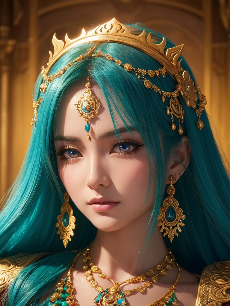 A stunning and beautiful Cleopatra, adorned with luxurious golden and silver decorations, wearing opulent attire that glimmers brightly. She stands in a space where dazzling light streams in, illuminating the surroundings. The environment is filled with gold and silver treasures, creating a sense of overwhelming grandeur. Cleopatra's emerald green eyes and hair add to her majestic presence, making her the focal point of the scene. The setting includes a richly decorated throne room, with intricate details and a majestic atmosphere. The light shines brilliantly, casting radiant beams and enhancing the overall splendor. Masterpiece, best quality, 8K ultra-high resolution.