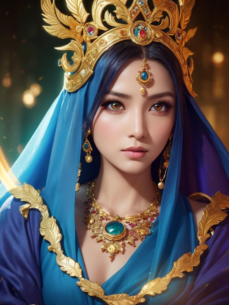 a detailed portrait of Minea the fortune teller from Dragon Quest IV, JRPG, 1 japanese woman, beautiful detailed eyes, beautiful detailed lips, extremely detailed face and skin, long eyelashes, beautiful intricate headdress, opulent arabian outfit, ornate golden jewelry, mystical occult symbols, dramatic lighting, cinematic composition, dramatic chiaroscuro lighting, rich color palette, jewel-toned colors, glowing emanations, magical aura, fantasy art, concept art style, high quality, 8k, photorealistic, masterpiece