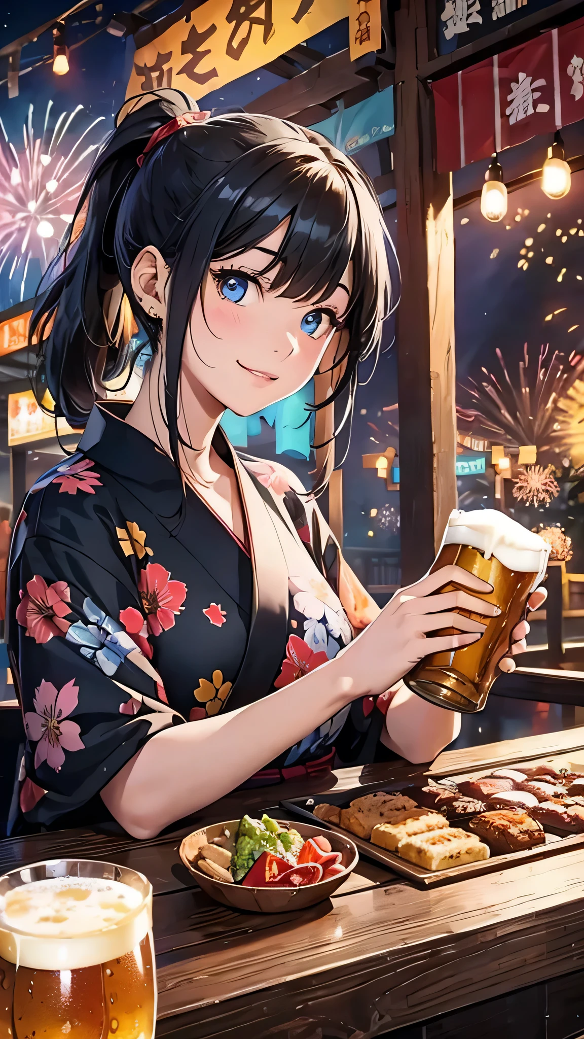 最high quality、Best image quality、masterpiece、With a girl((cute、20-year-old、Best Bust、Medium Bust、Beautiful Blue Eyes、Spread your chest wide,Black Hair、ponytail、Disheveled Hair、thin、Highest Valley、Blue Tank Top、Blue shorts、smile、Beer を持つ、Drunk、necklace、Wristband)）high quality、Beautiful art、background((night、festival、stall、Fireworks、Beer )),Tabletop、Exquisite design、Visual Arts、Written boundary depth、Best lighting、Highest detail、8ｋ