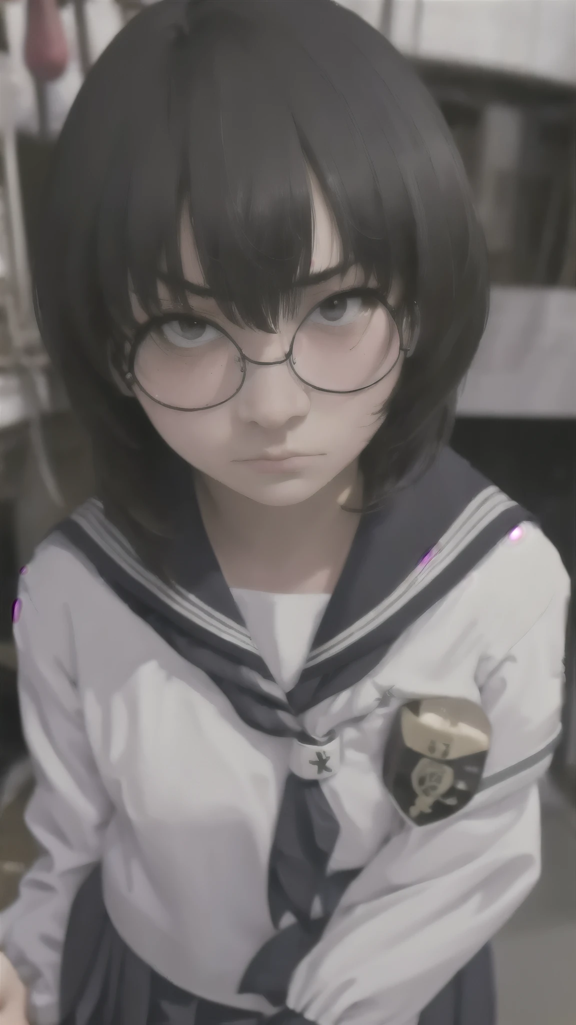 One girl、uniform、Glasses、Angry、Close-up of face、Highest quality、Masterpiece、Upper Body、Shooting with a wide-angle lens、solo