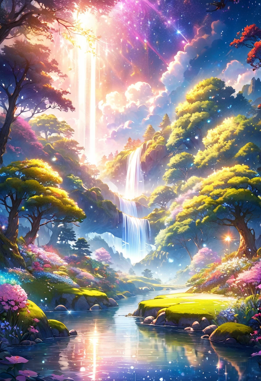 Featured artworks, A fusion of watercolor and oil painting, Highest quality, Super Fine, 16K, Delicate, dynamic and beautiful depiction, 宇宙に咲くflower園, white, pink, orange, River of Little Stars, River of Little Stars flowing, Mysterious and developing, Space Fantasy, Curtain of light, Christian Lassen style, bright, Shine, Japanese garden, flower園, flower畑,Money, Surreal illustration, Otherworldly, Highly detailed and magical lighting, Intricate forest details, Surrounding vegetation and river, ,landscape, , Beautiful foliage with beautiful lighting and realistic proportions, Like a movie background, 8k, Highest quality, masterpiece, 空のcloudと星.baptism,Baptism,Garden of Eden,Colorful,夢のようなlandscape, cloud, light piercing through the cloud, Reflection on the surface of the water, Gentle waterfall,flower々, flower ,Quiet atmosphere, Richness in details, Surreal beauty, Magical Aura, ファンタジーlandscape, High quality digital art, Vibrant colors, Fantastic lighting, Enchanting atmosphere, Artistic Expression, Otherworldly feeling, Beautiful brushwork, Magnificent View, Peaceful tranquility, Immersive Experience, Breathtaking views, Picturesque views, Mysterious charm, Mysterious atmosphere, Nuances, A magical dream. There are no people, Nobody is here