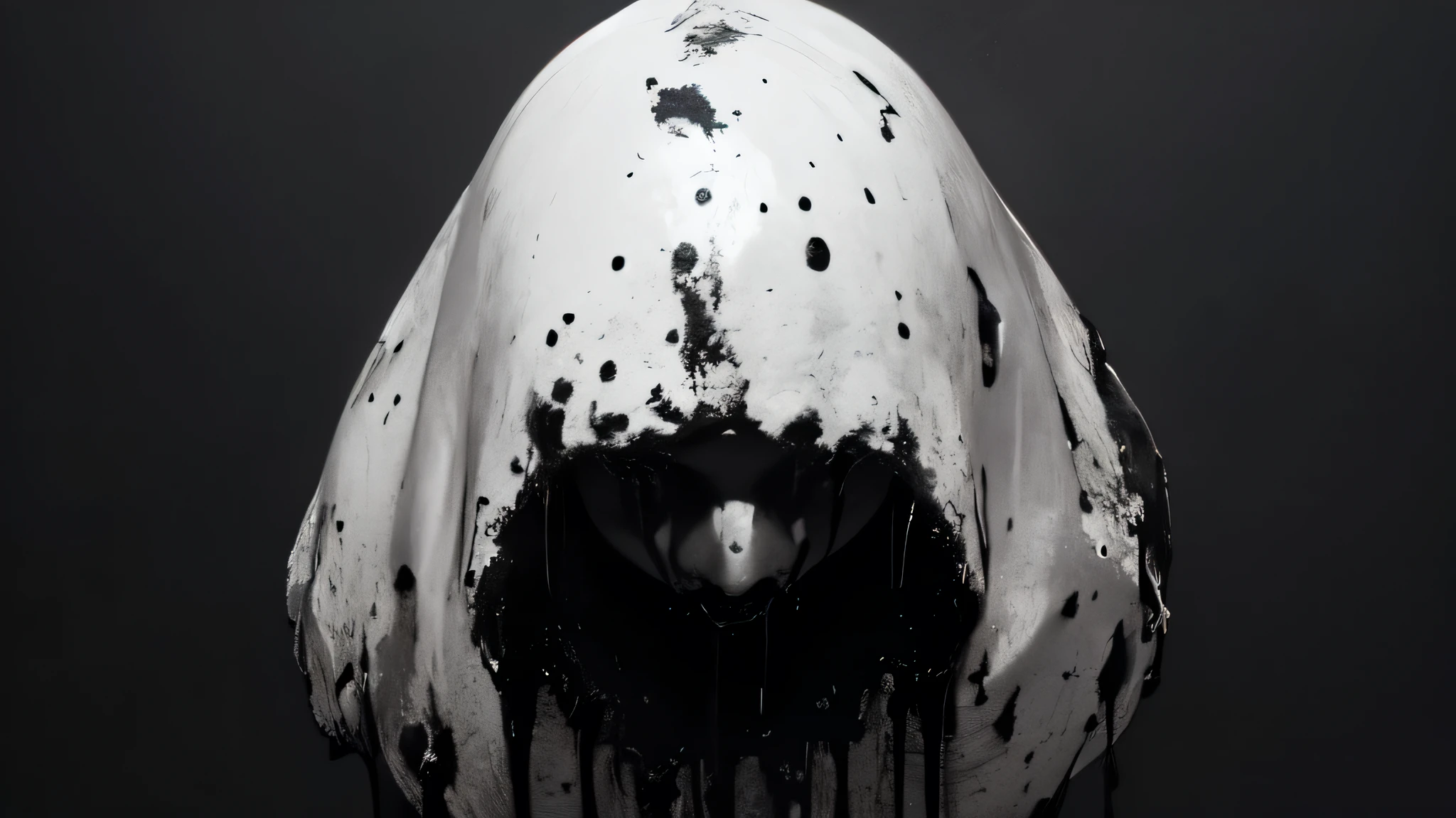 bs, solo, simple background, monochrome, upper body, greyscale, bodysuit, black background, 1other, monster, arms at sides, horror (theme), a girl, her jaw is broken, blooded