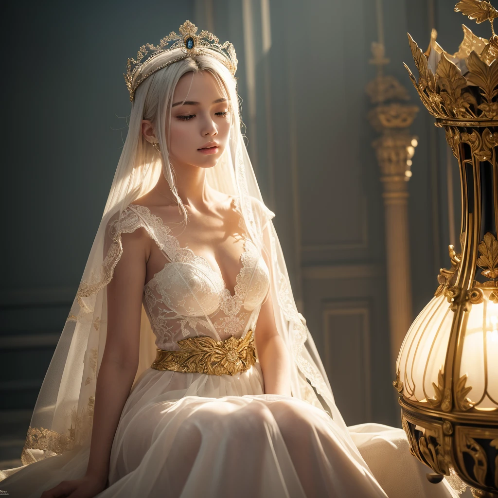 (masterpiece:1.2), Highest quality, (figure:1.2), (Very detailed), Hyper Details, (Delicate and detailed), (Intricate details), (Cinematic Light, Highest quality Backlights), Clear lines, From below, soloist, Perfect body, (One girl), White hair and yellow eyes, (Emperor, Black see-through clothing), (Crown: 1.1), Sitting on the throne, Close your eyes for a moment, Head Down, (shy: 1.2 ), (compensate), High Contrast, (Best lighting, Very creative and beautiful), (Cinematic Light), colorful,With legs apart,I can see your underwear,