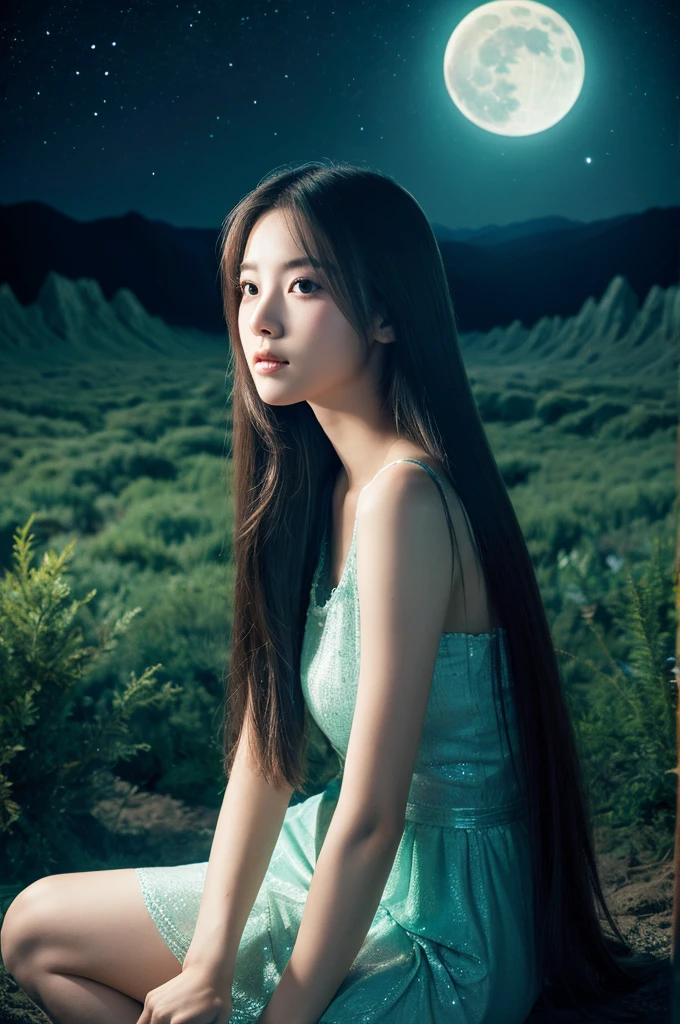 top quality, masterpiece, high resolution, 1 girl, long hair, lunar environment, Sitting. Looking far away