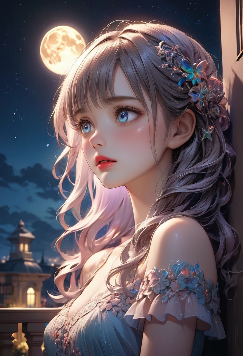 A romantic balcony scene at night, cute girl standing tenderly, the moon and starlit sky above, low-angle view, intricate details, sad expression, beautiful delicate(hair,face,eyes,pupils,longeyelash, lips), beautiful detailed cute face and eyes, dramatic lighting, cinematic mood, vibrant colors, hyperrealistic, 16k, masterpiece
