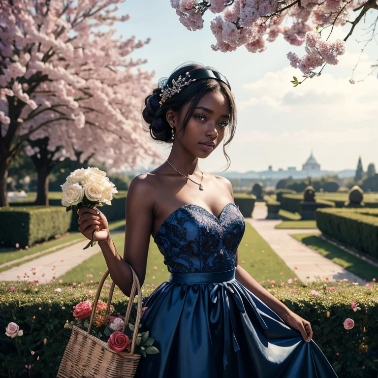 (​masterpiece, best quality:1.5), highest quality, High resolution, super detailed, Realists, Upper body photo of an 18 year old black flower girl, dark skin, detailed and beautiful eyes, beautiful detailed lips, very detailed eyes and face, longeyelashes, 18-year-old woman in a blue short dress with a white bow made of shiny satin fabric, Beautiful and colorful makeup, elegant and noble々Pose,shiny satin headband, grind, Holding flowers, Gardens as background, soft daylight, bright colors, fine brushstrokes, Portrait style, Noble details in the dress fabric, beautiful color palette, glowing skin, First-class rendering, that captures every detail, enchanting atmosphere, subtle shadows and lights, (perfect anatomy:1.2), (The two stunning 18-year-old flower girls carry baskets of rose petals. (magnificent panorama view:1.2)