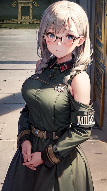 (solo focus:1.4), (female with 50 years old appearance), (mature women), (grey hair, curly hair, medium hair), (((white skin))), (bulky and buff), perfect hands, smooth face, smooth long hair, perfect skin, (wearing dark green general uniform:1.4), makeup, (32k Wallpaper), HD, Ultra Quality Hair, Ultra Quality Face, Ultra Quality Image, Cinematic lights, detailed eyes, medium shots, proportional fingers, detailed hands, (Military Hall background:1.8), looking at viewer, close smile　masterpiece, best quality,1girl, solo, realistic, upper_body, looking_at_viewer, futuristic woman　(masterpiece), best quality, night bedroom, pale pink bra, bashful, blush, indoors, dress shirt, bra open shirt, from below, pov, low angle, mari ohara bigass bighip、FUCK　FUCKOFF　SEXY(((masterpiece))), (((best quality))), ((ultra-detailed)), (illustration), (detailed light), ((an extremely delicate and beautiful)), (beautiful detailed eyes), (sunlight), blush, shy, gigantic breasts, uzaki, outdoors, dynamic pose, naked overalls bare shoulders bigass bighip、FUCK　FUCKOFF　SEXYroupa modesta, tiro remoto, Detalhe bonito rosto delicado, Olhos delicados bonitos detalhados, perfect facial proportions, High definition skin, pele fina, best four inch aspect ratio. Com um polegar, uma obra-prima, altamente detalhado, Realistic, (German World War II general uniform reference : 1.8), the highest facial resolution, , mulher modestamente vestida, vestido inteiramente, ( pequeno, cabelos pretos, black franja reta, super thin braids, franja reta, Red glasses, olho verde escuro, science fiction, Fighter aircraft, standing On the landing of a Fighter aircraft, the agency, uma personalidade profundamente inteligente, A calm expression, um rosto respeitoso, uma guerra, a Fighter aircraft