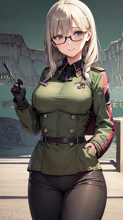 (solo focus:1.4), (female with 50 years old appearance), (mature women), (grey hair, curly hair, medium hair), (((white skin))), (bulky and buff), perfect hands, smooth face, smooth long hair, perfect skin, (wearing dark green general uniform:1.4), makeup, (32k Wallpaper), HD, Ultra Quality Hair, Ultra Quality Face, Ultra Quality Image, Cinematic lights, detailed eyes, medium shots, proportional fingers, detailed hands, (Military Hall background:1.8), looking at viewer, close smile　masterpiece, best quality,1girl, solo, realistic, upper_body, looking_at_viewer, futuristic woman　(masterpiece), best quality, night bedroom, pale pink bra, bashful, blush, indoors, dress shirt, bra open shirt, from below, pov, low angle, mari ohara bigass bighip、FUCK　FUCKOFF　SEXY(((masterpiece))), (((best quality))), ((ultra-detailed)), (illustration), (detailed light), ((an extremely delicate and beautiful)), (beautiful detailed eyes), (sunlight), blush, shy, gigantic breasts, uzaki, outdoors, dynamic pose, naked overalls bare shoulders bigass bighip、FUCK　FUCKOFF　SEXYroupa modesta, tiro remoto, Detalhe bonito rosto delicado, Olhos delicados bonitos detalhados, perfect facial proportions, High definition skin, pele fina, best four inch aspect ratio. Com um polegar, uma obra-prima, altamente detalhado, Realistic, (German World War II general uniform reference : 1.8), the highest facial resolution, , mulher modestamente vestida, vestido inteiramente, ( pequeno, cabelos pretos, black franja reta, super thin braids, franja reta, Red glasses, olho verde escuro, science fiction, Fighter aircraft, standing On the landing of a Fighter aircraft, the agency, uma personalidade profundamente inteligente, A calm expression, um rosto respeitoso, uma guerra, a Fighter aircraft