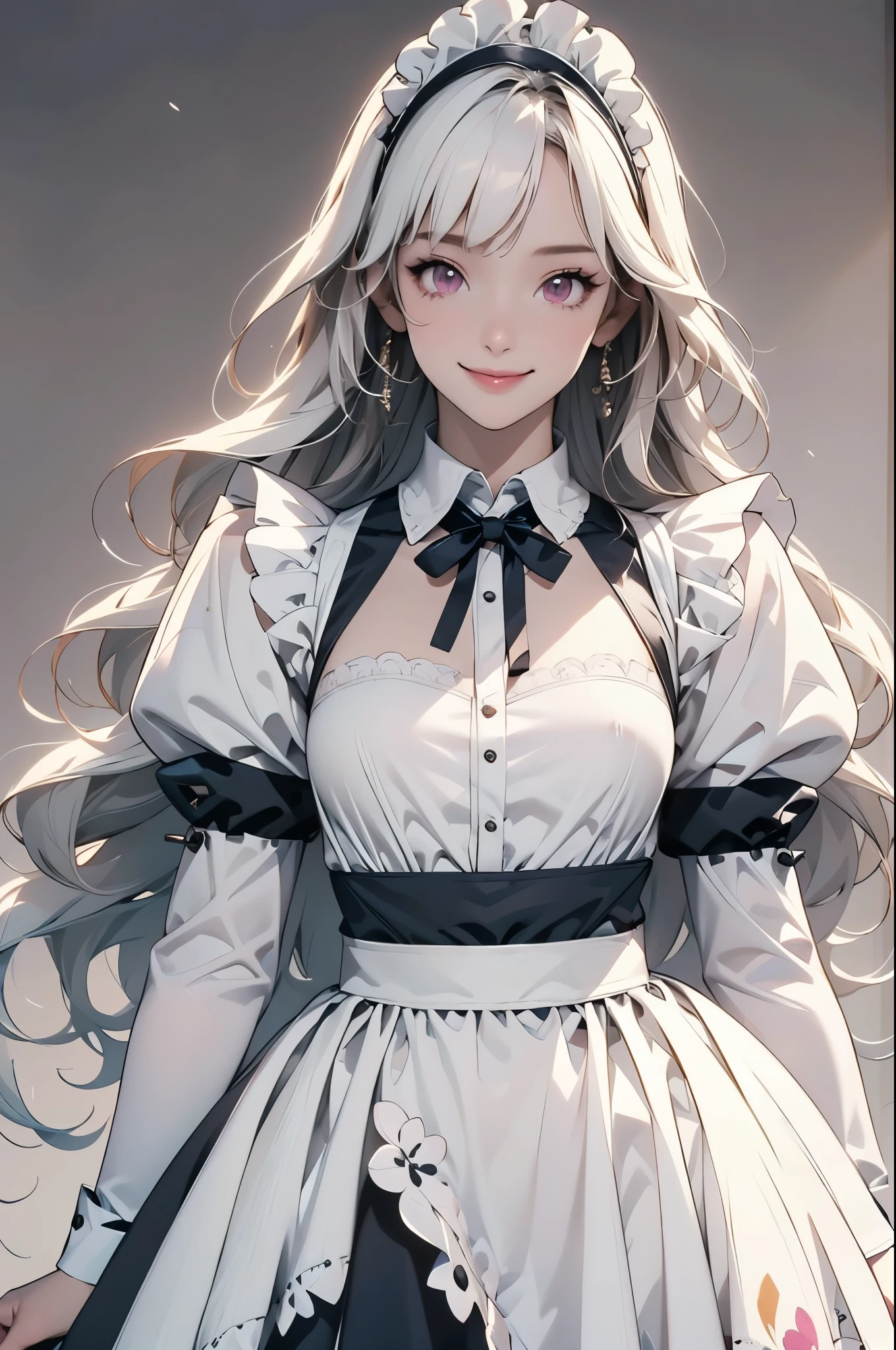 high resolution,smile,happy,light smile,woman,woman1人,adult,Clear,cute, blunt bangs,White Hair,BREAK, Pink eyes,BREAK,wavy hair,long hair,BREAK, ((looking at viewer)), Maid clothes,White apron,Black long sleeve blouse,Black long skirt,White Stockings,Frill headband,BREAK,Facing forward,BREAK,Pink background, BREAK,