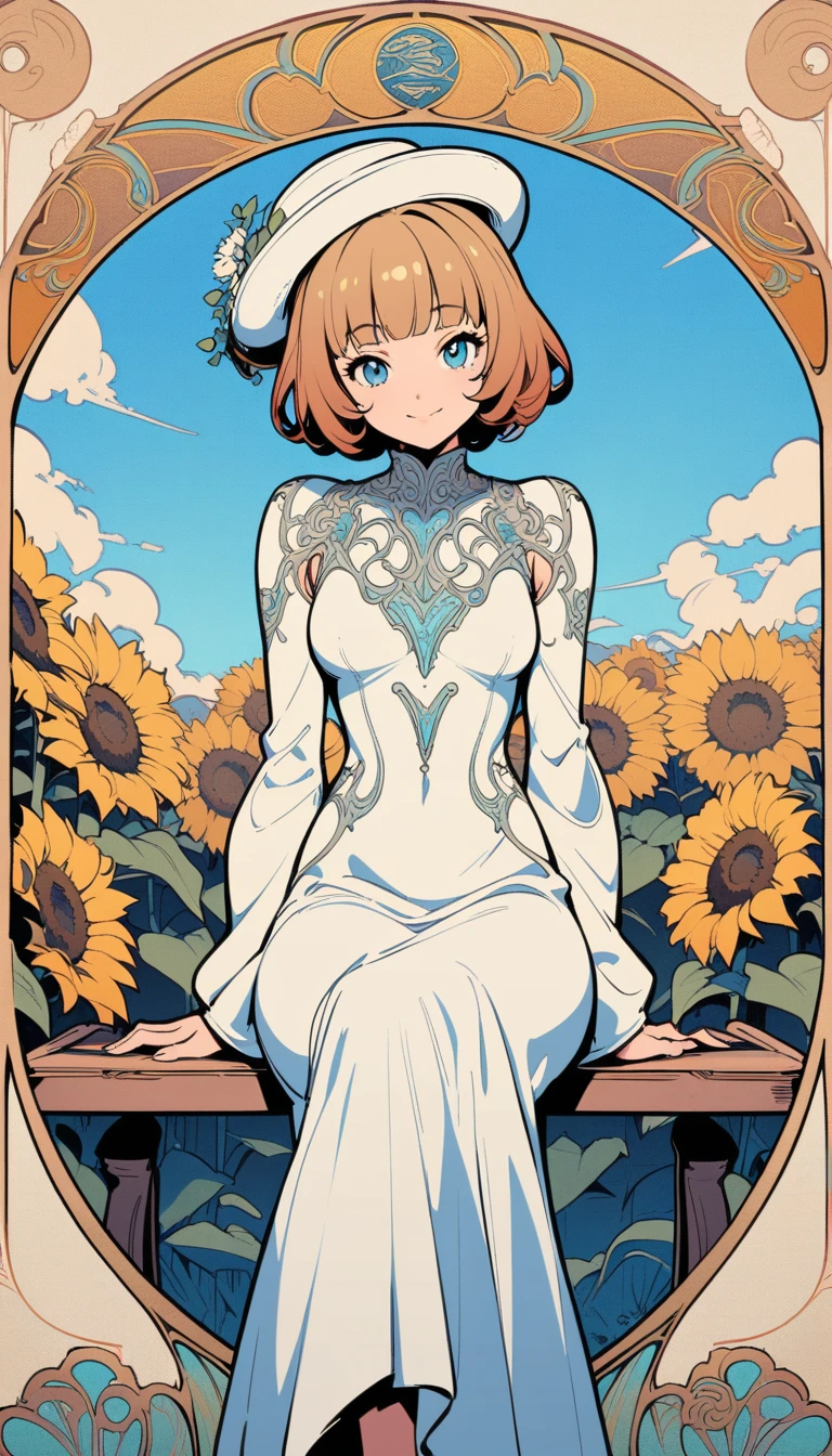 ((best quality)) , ((masterpiece)) , (detailed),A cute girl wearing a white dress and hat is sitting on a bench, smiling at me in front of a sunflower garden with a blue sky background. There is an open bus stop next to her. She has short hair and bangs hairstyle in the style of anime and in the style of Japanese manga, in high definition.,((art nouveau style ， elegant, decorative, curvilinear forms, nature-inspired, ornate, detailed))