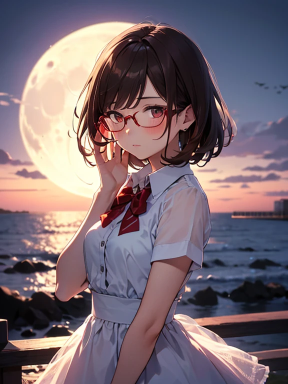 Moon, Red bow tie, Glasses, blush, Confession, (Moonlit Confession:1.5), The background is the seaside park, Night Dress, cute, Beauty, Shortcuts, Android 18, Brown Hair, (masterpiece), highest quality, 1girl, uhd, retina, masterpiece, ccurate, anatomically correct, textured skin, super detail, high details, high quality, best quality, highres, 4K