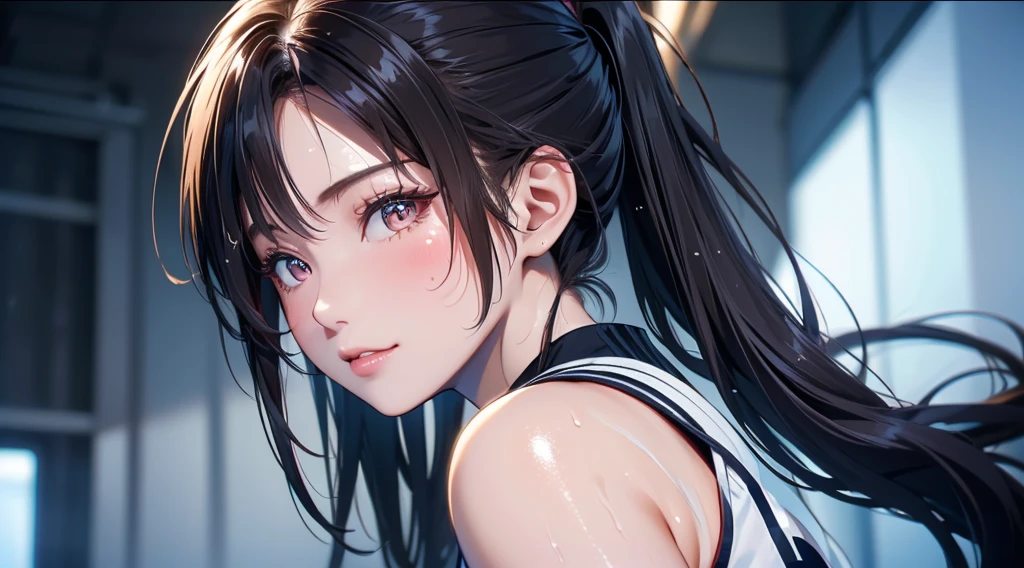 (masterpiece,Highest quality,Ultra-high resolution),Japanese women, (((Very beautiful 25 year old girl))), pretty girl、Look at the photographer、 ((Beautiful low ponytail)), Very cute face, Glossy Lips, Double eyelids on both eyes,Natural smile、 Natural Makeup, Long eyelashes, Shiny and smooth hair、Center image, Perfect limbs, Perfect Anatomy,(((Basketball Uniforms)))、(((Looking Back)),Wet with sweat,