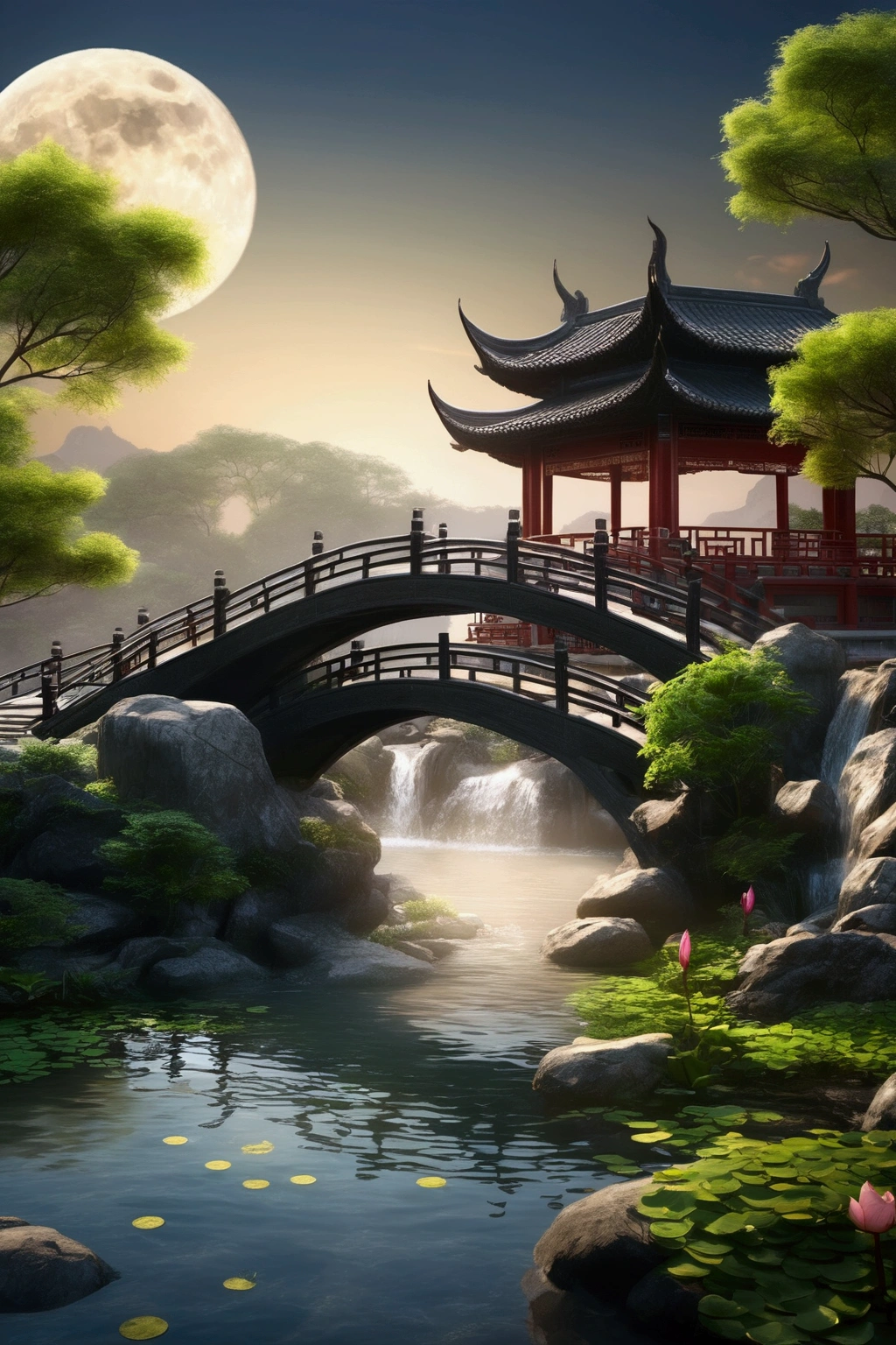 Ancient Chinese architecture, moon, Midnight, garden, bamboo, lake, stone bridge, rockery, arch, corner, wood, water flowing, landscape, Outdoor, waterfall, Grass, rock, Water Lily, hot spring, water vapor, (figure: 1.0), A magnificent composition, Realistic lighting, HD detailed, masterpiece, Highest quality, (Highly detailed CG unity 8k) - At six o&#39;clock