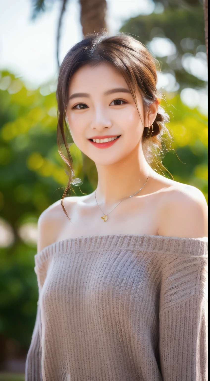 (Highest quality, 8k, masterpiece: 1.3), Beautiful woman with perfect figure: 1.2, Dark brown hair, Wear a pendant, Off the shoulder、Elegant long dress、(A very loving smile:1.2)、 Highly detailed face and skin, Beautiful Eyes, double eyelid,  ((Full Body Shot:1.3))、