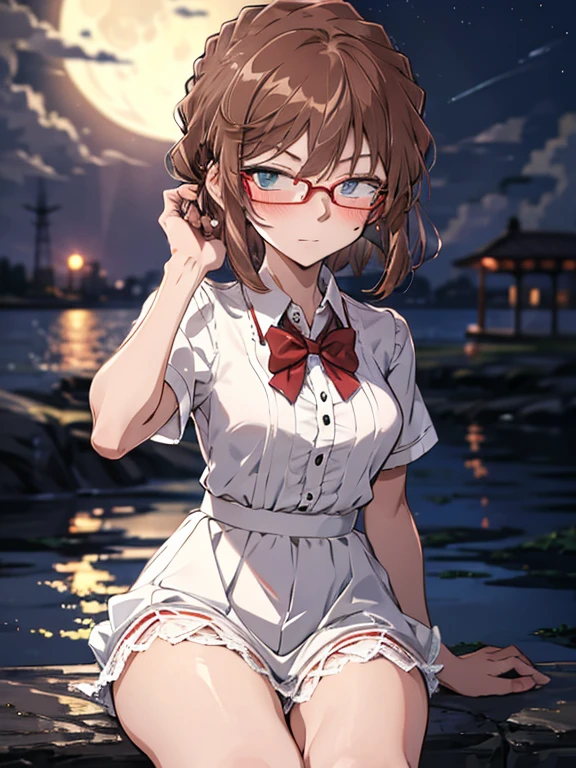 Moon, Red bow tie, Glasses, blush, Confession, (Moonlit Confession:1.5), The background is the seaside park, Night Dress, cute, Beauty, Shortcuts, Haibara Ai, Brown Hair, (masterpiece), highest quality, 1girl, uhd, retina, masterpiece, ccurate, anatomically correct, textured skin, super detail, high details, high quality, best quality, highres, 4K