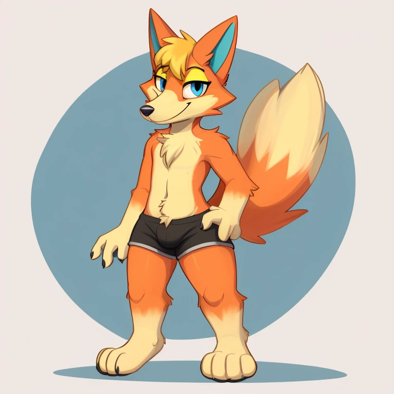 by daftpatriot, by softailfox, by honeymono, solo, male, mammal, anthro, canid, canine, fox, fur, simple background, male, smile, white background, featureless crotch, standing, feet, hi res, hands, 4 fingers, toes, dipstick tail, thick thighs, orange fur, looking at viewer, biped, tuft, wearing black shorts, blue irises, 3 toes, tail markings, markings, cheek tuft, facial tuft, chest tuft, black nose, fingers, white fur, white body, btets,