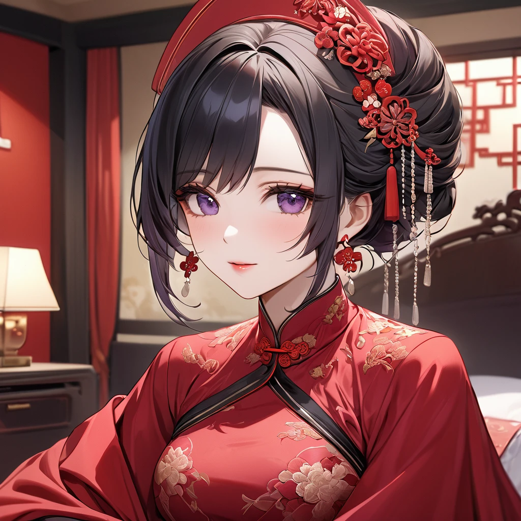 ((Highest quality)), ((masterpiece)), (detailed), （Perfect Face）、The woman is a Chinese woman named Kocho Shinobu.。, Purple gradient bob black hair and formal evening hairstyles. She is wearing an engagement ring. She is a prominent member of the Chinese Communist Party.、She is the honored wife of a great old Communist Party cadre.、The woman is beautifully dressed in a gorgeous red wedding dress and red wedding veil, typical of the Chinese Communist Party.、An elegant Chinese lady in a posh room、The woman is a wonderful Chinese lady who is a good wife and mother who loves and devotees herself to her husband, and her greatest joy is to devote herself to her husband and China.
