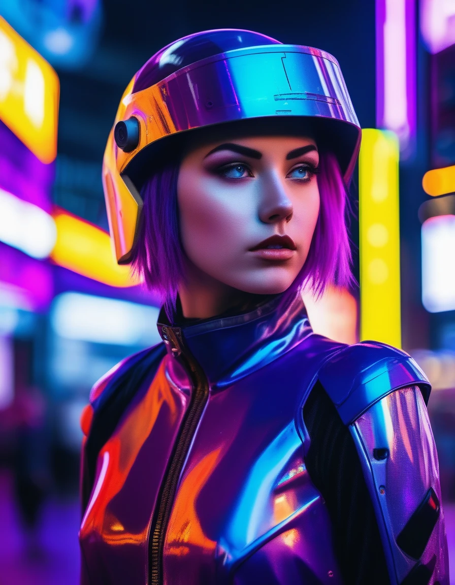 Beautiful cyberpunk girl, dressed in a futuristic latex battle suit, with neon accents and a visor, with short purple hair and amber eyes, standing boldly in a cyberpunk cityscape at night, surrounded by holographic billboards, in the style of documentary photography, with vibrant colours, high resolution, intricate details, and an energetic atmosphere, warm tone and lighting