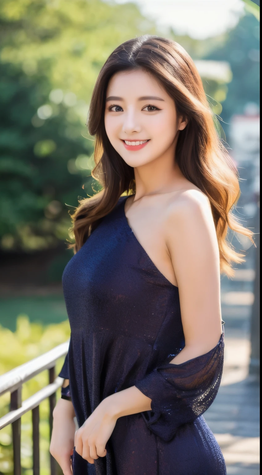 (Highest quality, 8k, masterpiece: 1.3), Beautiful woman with perfect figure: 1.2, Dark brown hair, Wear a pendant, Off the shoulder、Elegant long dress、(A very loving smile:1.2)、 Highly detailed face and skin, Beautiful Eyes, double eyelid,  ((Full Body Shot:1.3))、