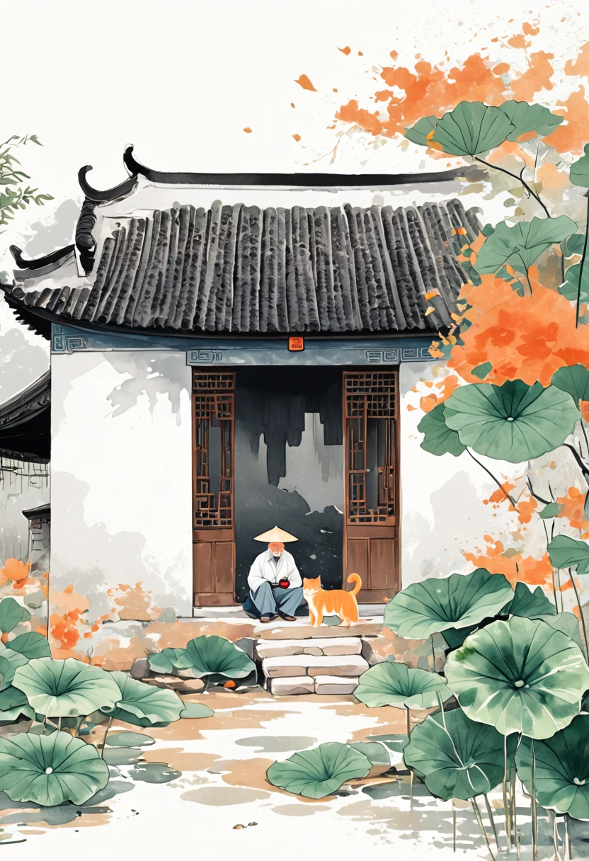 Cartoon Chinese style,An old man wearing a straw hat sits under a thatched hut eating watermelon,and next to an orange cat sits beside him,Features of the comic style,rough drawing,colorful cartoon illustrations,Simple lines,flat coloring,and Chinese-style cartoon characters,flat painting style,lots of white space,clean solid color background,minimalist background,a small amount of content,huge void,mostly empty,very little percentage,a very small proportion,very small content,very large empty space,breathable space, Artistic ink painting,Three-dimensional ink painting,Minimalist graphics,Minimal Art,Clean background,ancient white space,White Space,large white space,Texture Matte,Low saturation,Minimalist composition,Master composition,A person far away,cantered,white background,negative space,simple tattoo,line art,simple drawing,landscape,stylized,(((Lots of white space:1.5))),(Lots of white space:1.6),simple,Minimalism,abstract,Freehand,Aesthetic,unsaturated picture,asymmetric picture,a small object in a vast empty space,minimalist scene with a tiny subject in the center,centered small subject with large white space around it,(((small focal point))),(((minimal objects))),(((tiny subject))),no detailed backgrounds,(((empty space))),simple composition,avoiding clutter,no large elements,(((minimalist))),lack of intricate details,wide empty space,sparse,dominant blank space,simple scene,(((less busy))),(((without detailed objects))),(((no complex backgrounds))),