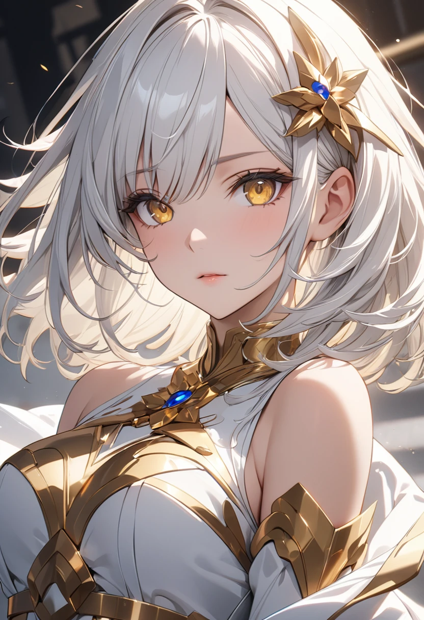 ((Masterpiece)) ((best quality)) ((ultra-detailed )) ((ultra sharp)) ((4k)).Anime girl with white hair and golden eyes with an aesthetic build.
