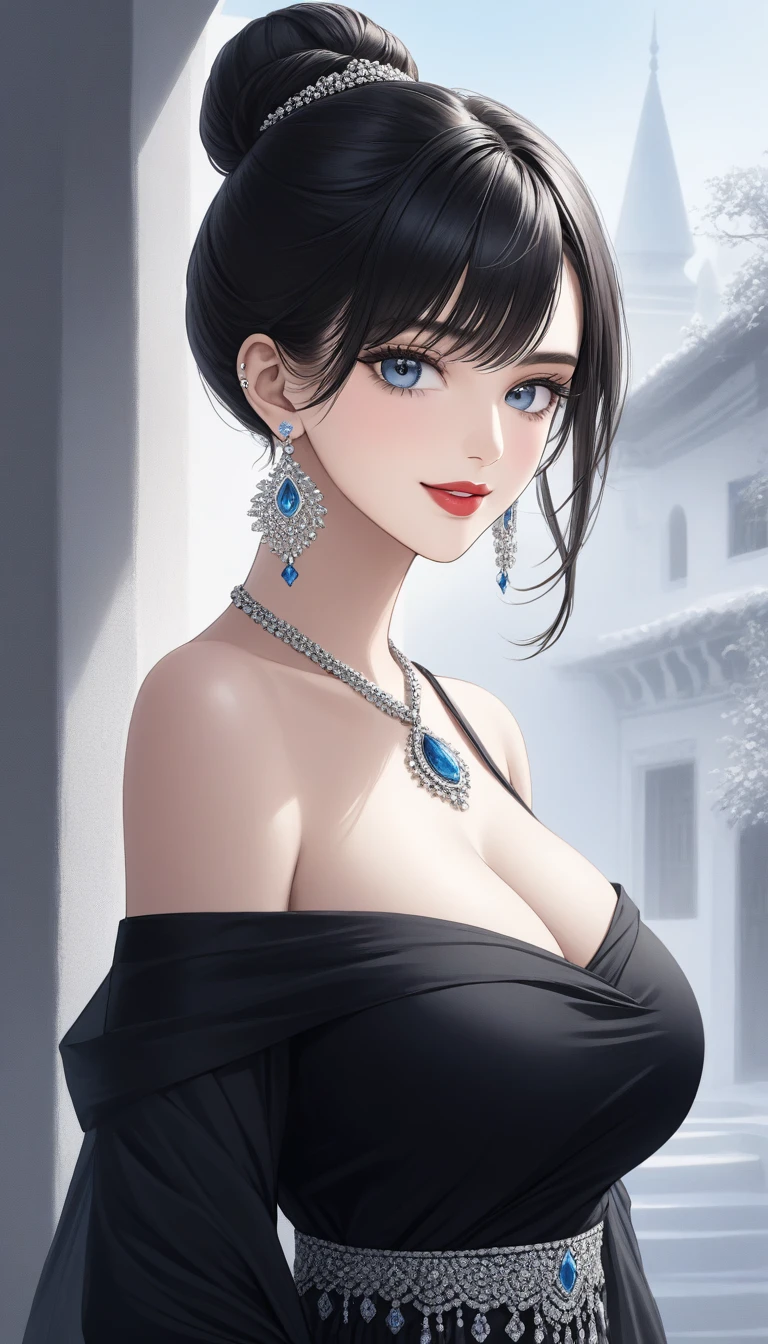 , inspired by Emma Andijewska, draped in crystals, silver color, long earrings, sandra chevier, huge earrings, blue-eyed, platinum jewellery, earring, flawless structure, silver earring, , a woman, Kriti Sanon, outdoors, realistic skin texture, smiling, post-processing, Maximum texture, masterpiece, ultra-detailed, photorealistic, realistic, real picture, hyperrealism, Sharp focus, insane details, intricate details, full sharp, detailed face, realistic eyes,simple white stucco background ,big hoop earrings, makeup,white skin,sharp jawline ,big earrings, oversized earrings,big breasts,full body view , necklace, eyeliner, eyeshadow, foundation, jewelry,bangles, anklet,silky black hair ,hair single bun,bangs,face makeup, eyeliner,red lipstick ,off shoulder black dress