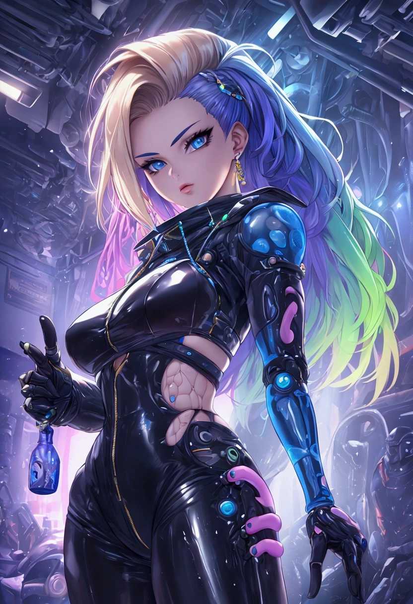 (Realisticity: 1.4), (1girl), (best quality), (masterpiece), very detailed, exquisite rendering, (highres), garters, cushions, long hair, stockings, black miniskirt, solo, boots, aqua hair, double ponytail, high heels, sweet devil\ (vocaloid), plump body, smooth skin, professional lighting, futuristic fashion, high-tech fabrics, fireproof materials, Black tight skirt, beautiful delicate eyes, detailed hair, super detailed, detailed face, all black, cyberpunk, robotic arms, pink headband, a small amount of clothes, --auto --s2