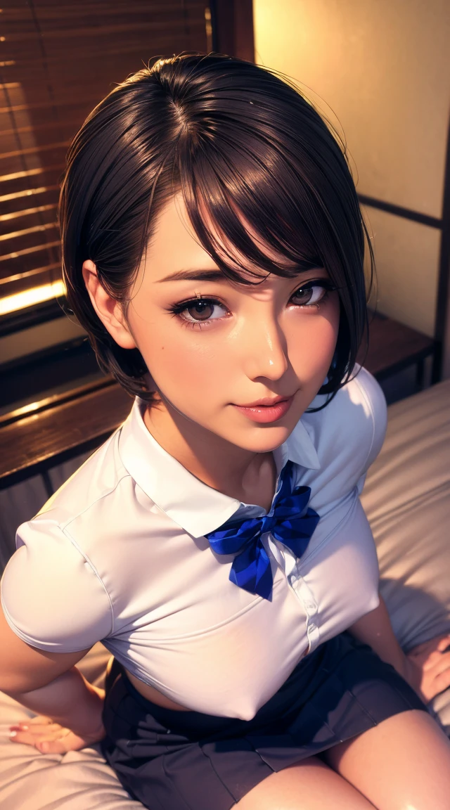 (8k, RAW Photos, Highest quality, Master:1.2), (Realistic, photo-Realistic:1.37), Very detailed, 1 girl, cute, alone, Beautifully detailed skies, Detailed face, night, Sitting, date, (blush), (smile: 1.1), (shut up), Big Breasts, Beautiful and delicate eyes, The button is off, (Collared shirt: 1.1), bow tie, Pleated skirt, (short hair: 1.2), Flowing Hair, Long eyelashes, eye shadow, Small face, Big eyes, Full Body Shot, Expose your shoulders, indoor, bed