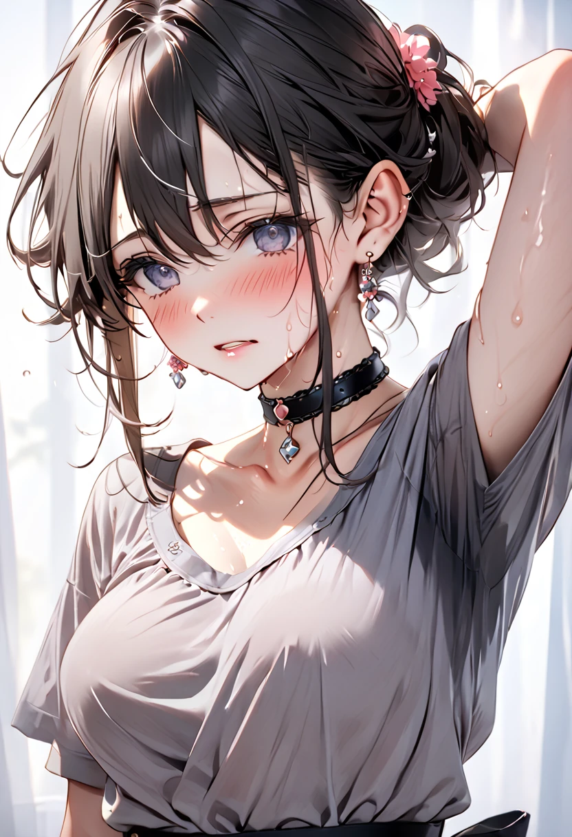 NSFW、Highest quality, wonderful_delicate, beautiful, 8k, Prime Lenses、Grey Shirt、Earrings, choker, (((Sweat)))、((((脇のSweat染み))))、(((Body odor)))、(((Sweat臭い)))、Embarrassing、tits