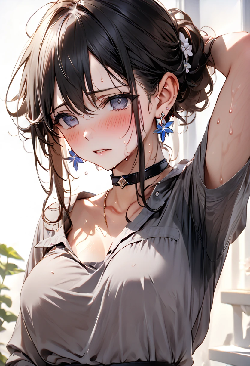 NSFW、Highest quality, wonderful_delicate, beautiful, 8k, Prime Lenses、Grey Shirt、Earrings, choker, (((Sweat)))、((((脇のSweat染み))))、(((Body odor)))、(((Sweat臭い)))、Embarrassing、tits