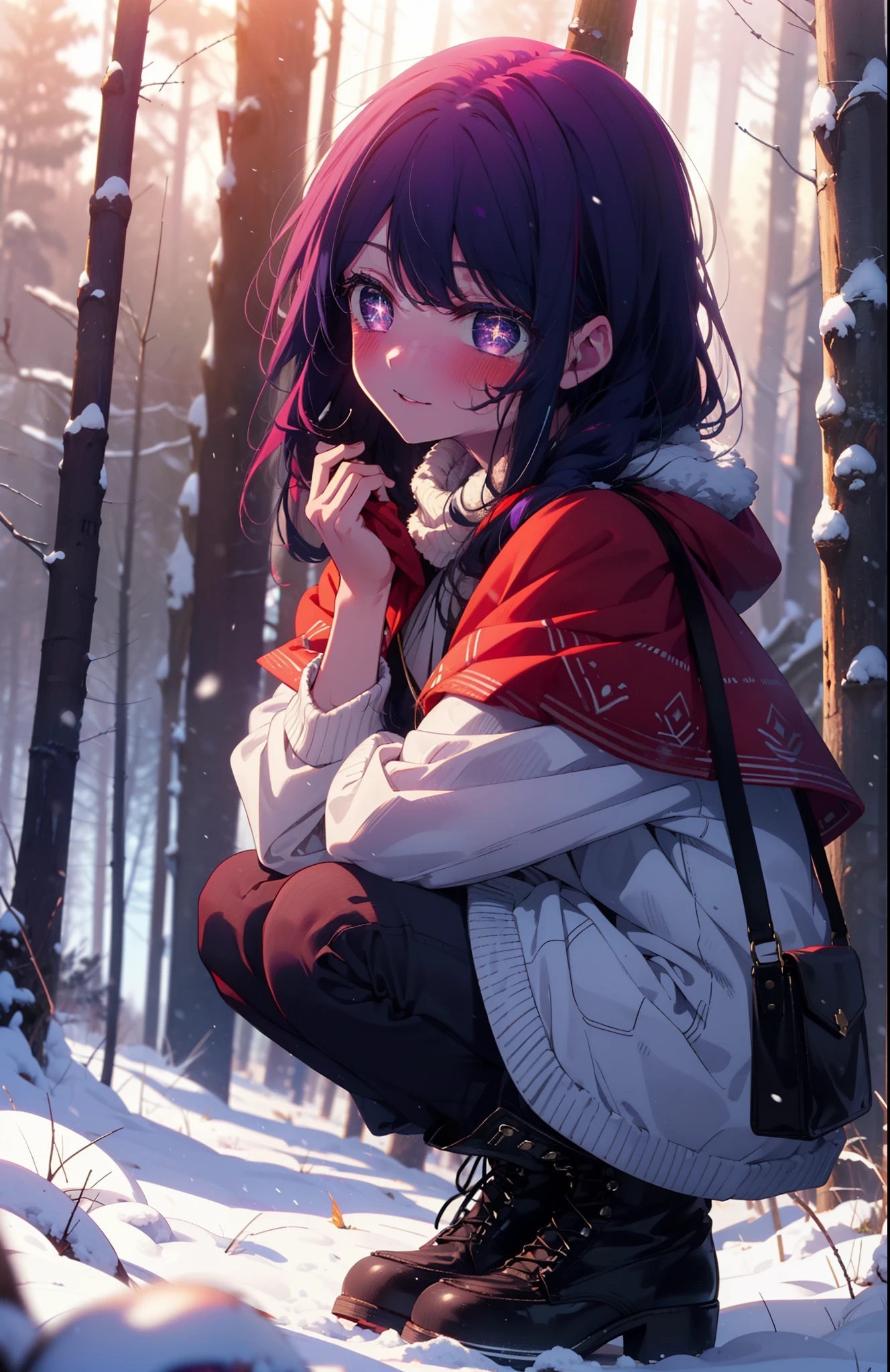 aihoshino, Ai Hoshino, Long Hair, bangs, (Purple eyes:1.1), Purple Hair, (Symbol-shaped pupil:1.5), smile,,smile,blush,white breath,
Open your mouth,snow,Ground bonfire, Outdoor, boots, snowing, From the side, wood, suitcase, Cape, Blurred, , forest, White handbag, nature, Squat, Mouth closed, Cape, winter, Written boundary depth, Black shoes, red Cape break looking at viewer, Upper Body, whole body, break Outdoor, forest, nature, break (masterpiece:1.2), Highest quality, High resolution, unity 8k wallpaper, (shape:0.8), (Beautiful and beautiful eyes:1.6), Highly detailed face, Perfect lighting, Highly detailed CG, (Perfect hands, Perfect Anatomy),