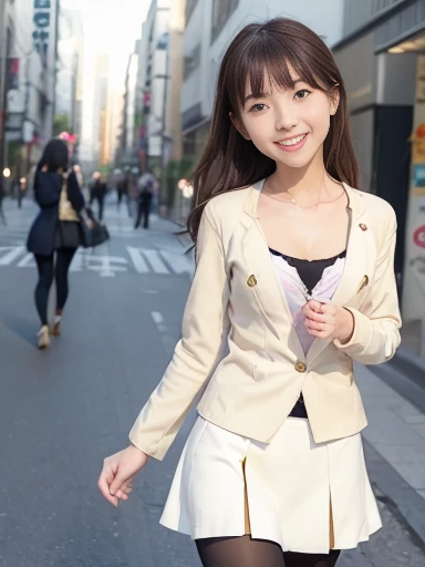 Japanese female, (underweight), (flat chest best quality:1.5), (cheerful grin:1.5),
city, (Office Lady), glad, running, medium hair, (cream skirt, long sleeves, pantyhose, cream jacket:1.1), Japanese, Joyful Scene, in the city, light atmosphere, ground-level shot