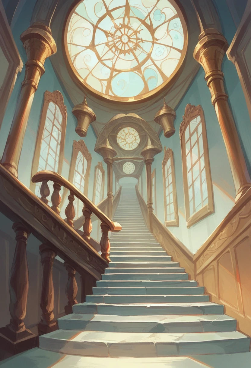 a staircase with marble in a bright light tone, with minimalist chrome guardrail, a large tall window with a central white ring-shaped chandelier radiating lighting