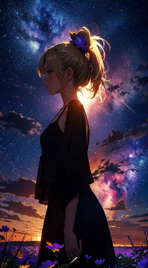 1people々々々,Blonde ponytail woman,camisole, Dress Silhouette, Rear View,Space Sky, Flower Field,Colorful flowers