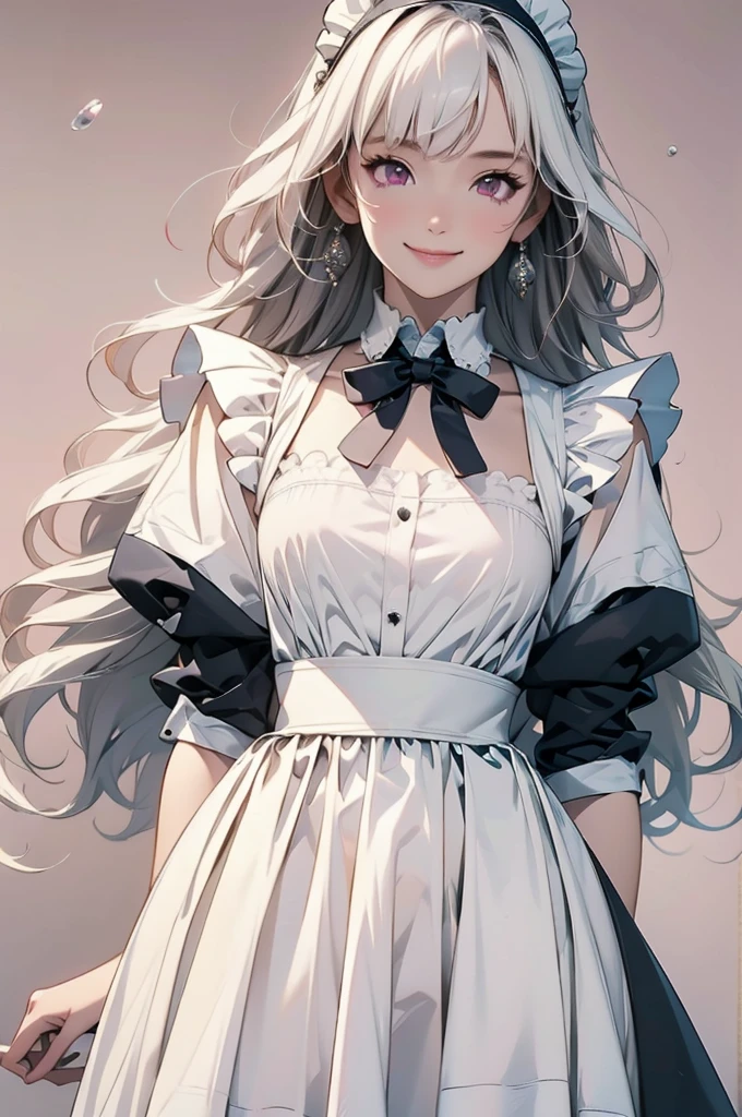 high resolution,smile,happy,light smile,woman,woman1人,adult,Clear,cute, blunt bangs,White Hair,BREAK, Pink eyes,BREAK,wavy hair,long hair,BREAK, ((looking at viewer)), Maid clothes,White apron,Black long sleeve blouse,Black long skirt,White Stockings,Frill headband,BREAK,Facing forward,BREAK,Pink background, BREAK,