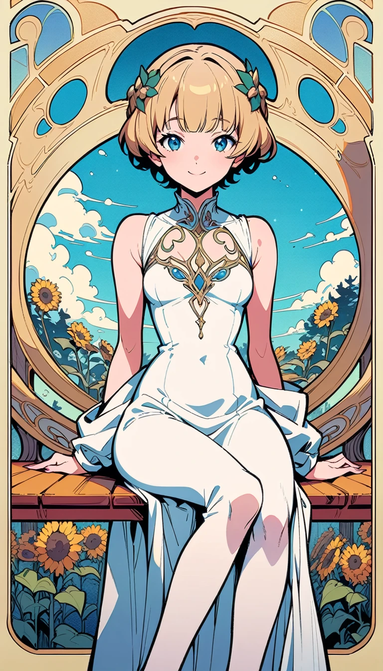 ((best quality)) , ((masterpiece)) , (detailed),A cute girl wearing a white dress and hat is sitting on a bench, smiling at me in front of a sunflower garden with a blue sky background. There is an open bus stop next to her. She has short hair and bangs hairstyle in the style of anime and in the style of Japanese manga, in high definition.,((art nouveau style ， elegant, decorative, curvilinear forms, nature-inspired, ornate, detailed))