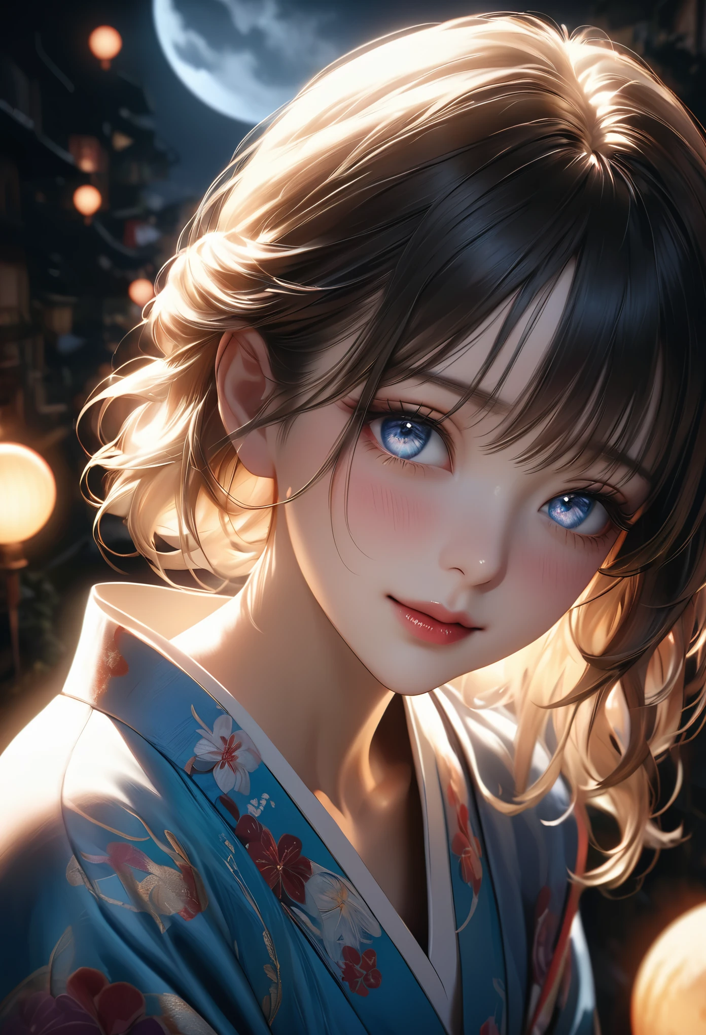 a beautiful girl in a vibrant kimono confessing her love under the light of a large full moon, her face flushed with nervousness and shyness, gazing up with large, captivating eyes, dramatic shadows and backlighting, (best quality,4K,8k,highres,masterpiece:1.2),ultra-detailed,(realistic,photorealistic,photo-realistic:1.37),dramatic lighting,stunning detailed eyes,extremely detailed face,flawless skin,long eyelashes,detailed lips,soft lighting,cinematic,romantic,emotional,radiant colors,glowing moon,dark night,reverse backlighting,underexposed,unreadable expression,moonlit aesthetic,dramatic shadows,looking directly at viewer,I've always loved you❤️,(shot from above:1.37), ずっとあなたのことが好きでした❤️, blush, A meaningful smile, Draw the moon high up,