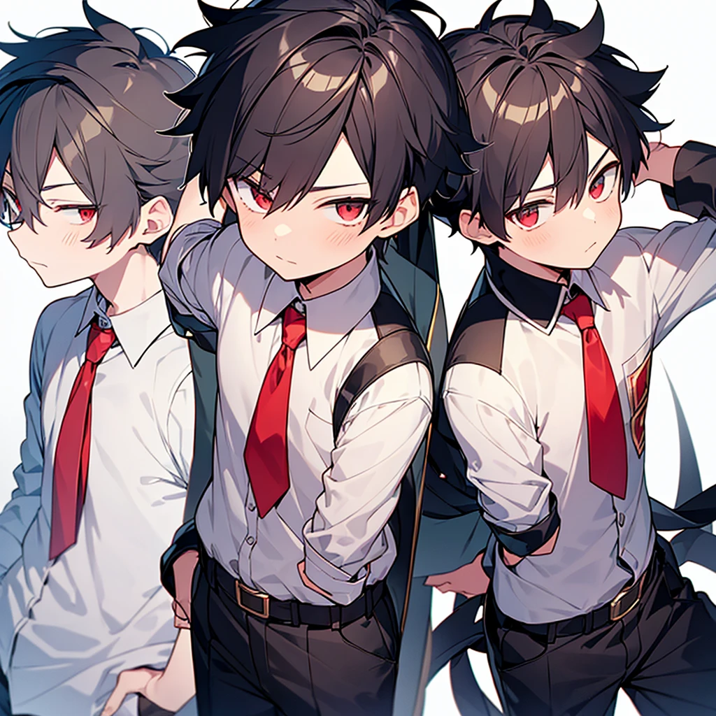 Boy version of Eri in my hero academia, he have white short hair with red eyes he is a 7 boy, he have a little horn on his right side of his head and he wear a simple white shirt with short