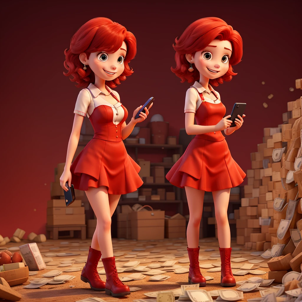 A red-haired woman, Red dress, Free hands, happy,
working. networks, Red background, mini skirt, camars, phones in hand, money, Currency

