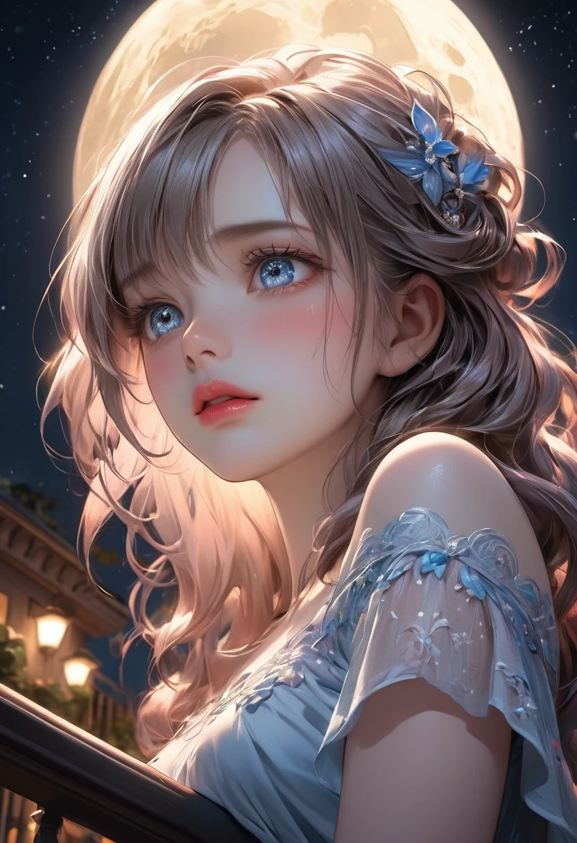 A romantic balcony scene at night, cute girl standing tenderly, the moon and starlit sky above, low-angle view, intricate details, Looking down, sad expression, beautiful delicate(hair,face,eyes,pupils,longeyelash, lips), beautiful detailed cute face and eyes, dramatic lighting, cinematic mood, vibrant colors, hyperrealistic, 16k, masterpiece