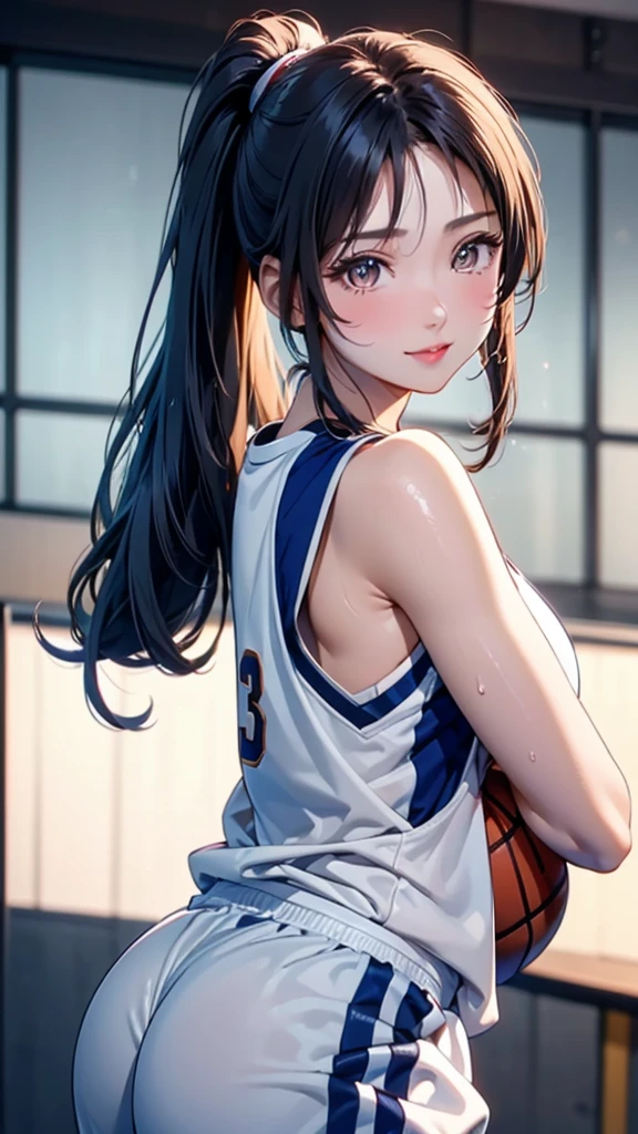 (masterpiece,Highest quality,Ultra-high resolution),Japanese women, (((Very beautiful 25 year old girl))), pretty girl、Look at the photographer、 ((Beautiful low ponytail)), Very cute face, Glossy Lips, Double eyelids on both eyes,Natural smile、 Natural Makeup, Long eyelashes, Shiny and smooth hair、Center image, Perfect limbs, Perfect Anatomy,(((Basketball Uniforms)))、(((Looking Back)),Wet with sweat,