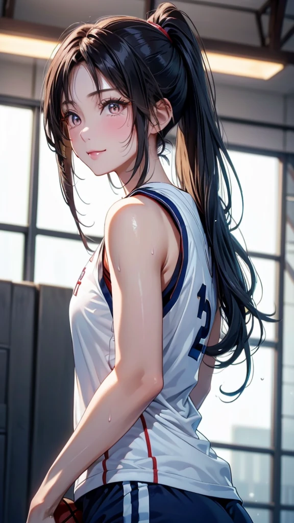 (masterpiece,Highest quality,Ultra-high resolution),Japanese women, (((Very beautiful 25 year old girl))), pretty girl、Look at the photographer､  ((Beautiful low ponytail)), Very cute face, Glossy Lips, Double eyelids on both eyes,Natural smile、 Natural Makeup, Long eyelashes, Shiny and smooth hair､Center image,  Perfect limbs, Perfect Anatomy,(((Basketball Uniforms)))、(((Looking Back)),Wet with sweat,