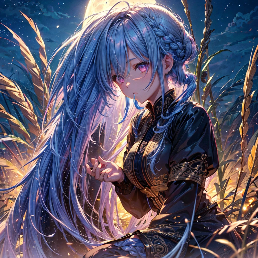 Sky blue hair, (Braided medium hair), (Pink eyes),Fair skin)  ,(whole body),(One Girl),(harvest moon),(A large amount of Miscanthus sinensis in the background),(full moon),(masterpiece, Highest quality, Very detailed, Best Shadow), (Detailed Background), (Beautifully detailed face), High Contrast, (Best lighting, Very delicate and beautiful), ((Cinematic Light)), Hyper Detail,8k, Dramatic Light, Intricate details,(sitting down to eat rice dumplings)